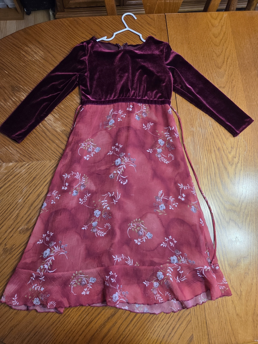 Girls Burgundy Velvet Bodice Floral Chiffon Dress